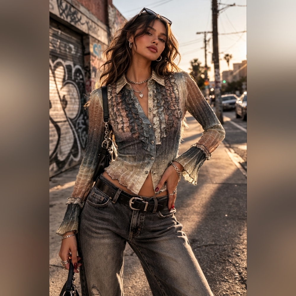 Y2K Metallic Ruffle Lame Blouse Ombre Top 6